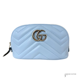 GUCCI Calfskin Matelasse GG Marmont Pouch Cosmetic Case Porcelain Light Blue Chevron Pre Owned