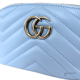 GUCCI Calfskin Matelasse GG Marmont Pouch Cosmetic Case Porcelain Light Blue Chevron Pre Owned