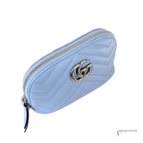 GUCCI Calfskin Matelasse GG Marmont Pouch Cosmetic Case Porcelain Light Blue Chevron Pre Owned