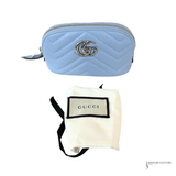 GUCCI Calfskin Matelasse GG Marmont Pouch Cosmetic Case Porcelain Light Blue Chevron Pre Owned