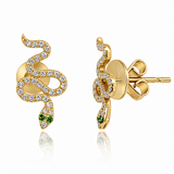 14K Yellow Gold Diamond Snake Stud Earrings 0.15 CTW with Tsavorite Eyes | In-Store