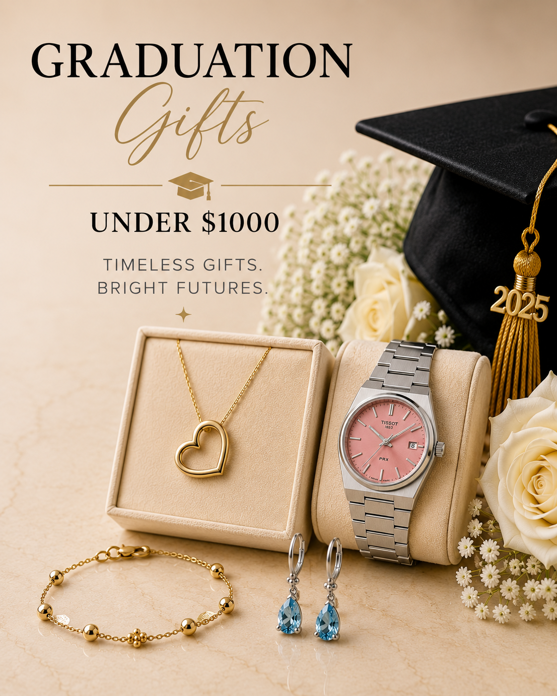Graduation gifts including a necklace, watch, bracelet, and earrings on a beige surface with flowers and a graduation cap.