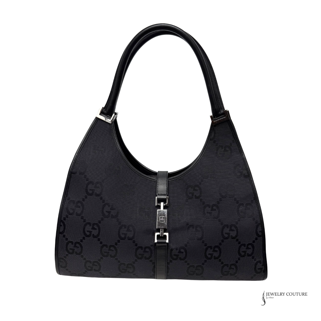 Black handbag with a prominent brand logo on a white background