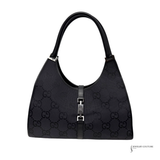 Black handbag with a prominent brand logo on a white background