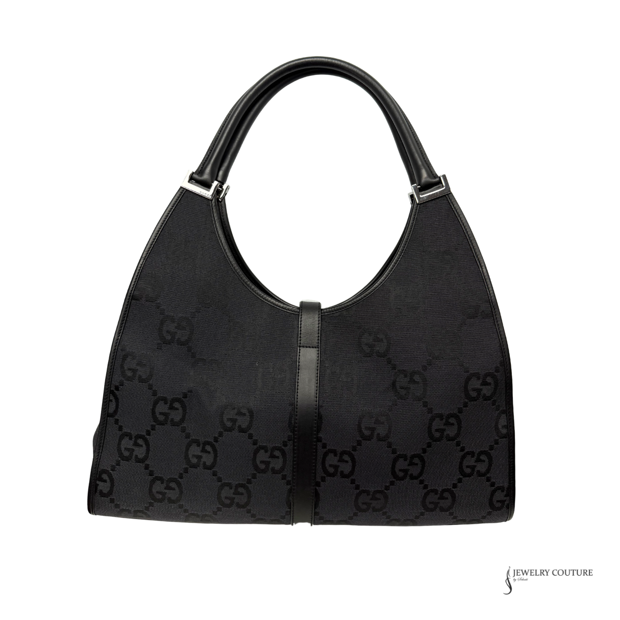 Black handbag with Gucci logo pattern on a white background
