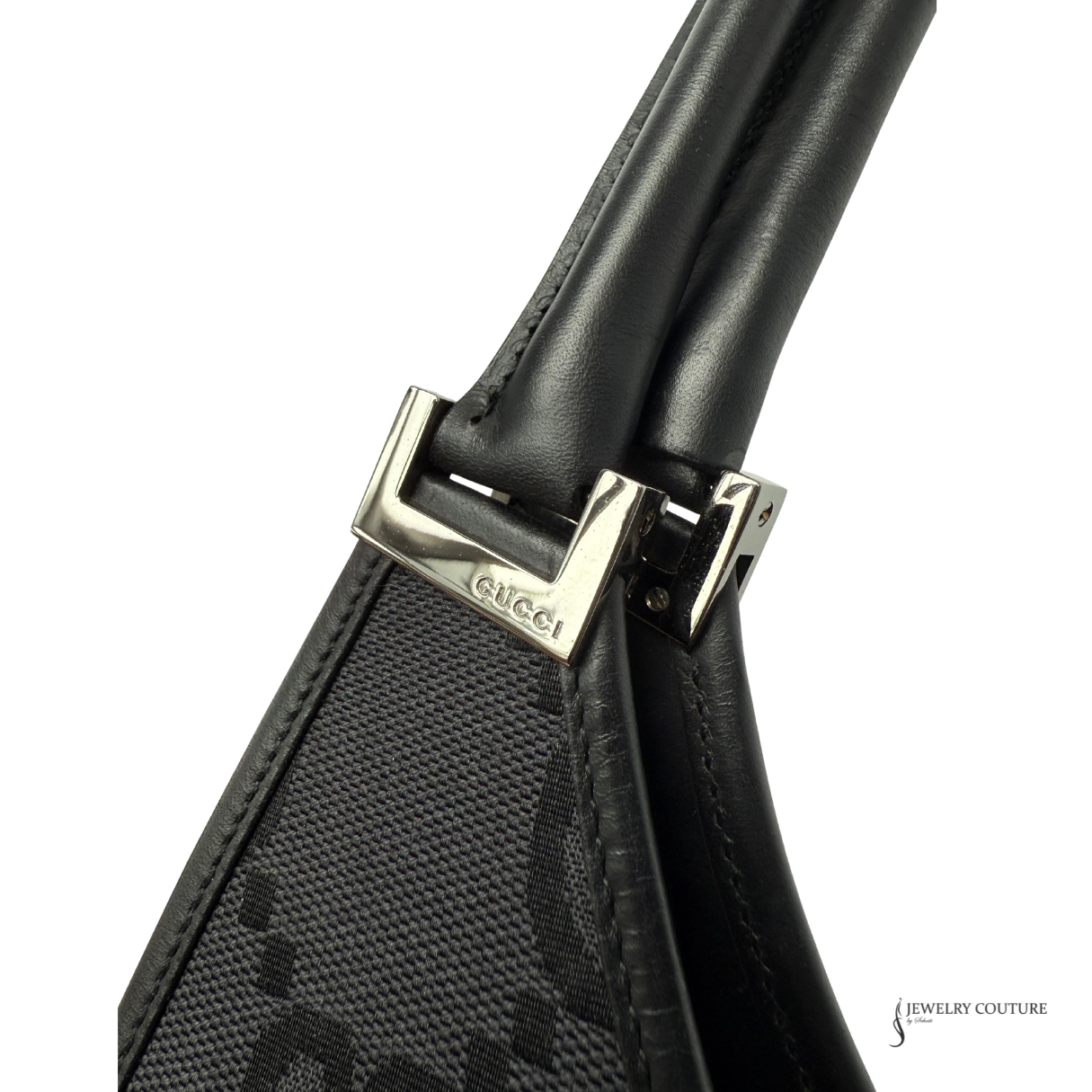 Black handbag with Gucci logo on a white background