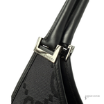 Black handbag with Gucci logo on a white background