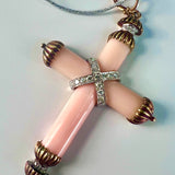 Mary - 14KT White Gold and Yellow Gold Coral Diamond Cross Pendant Vintage Estate Jewelry