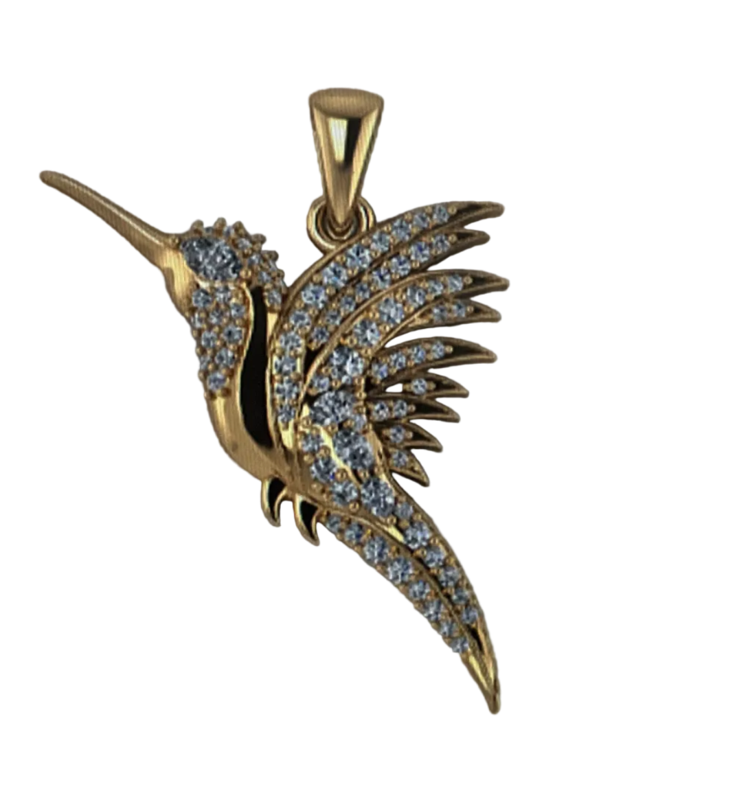Gold hummingbird-shaped pendant with gemstones on a light gray background