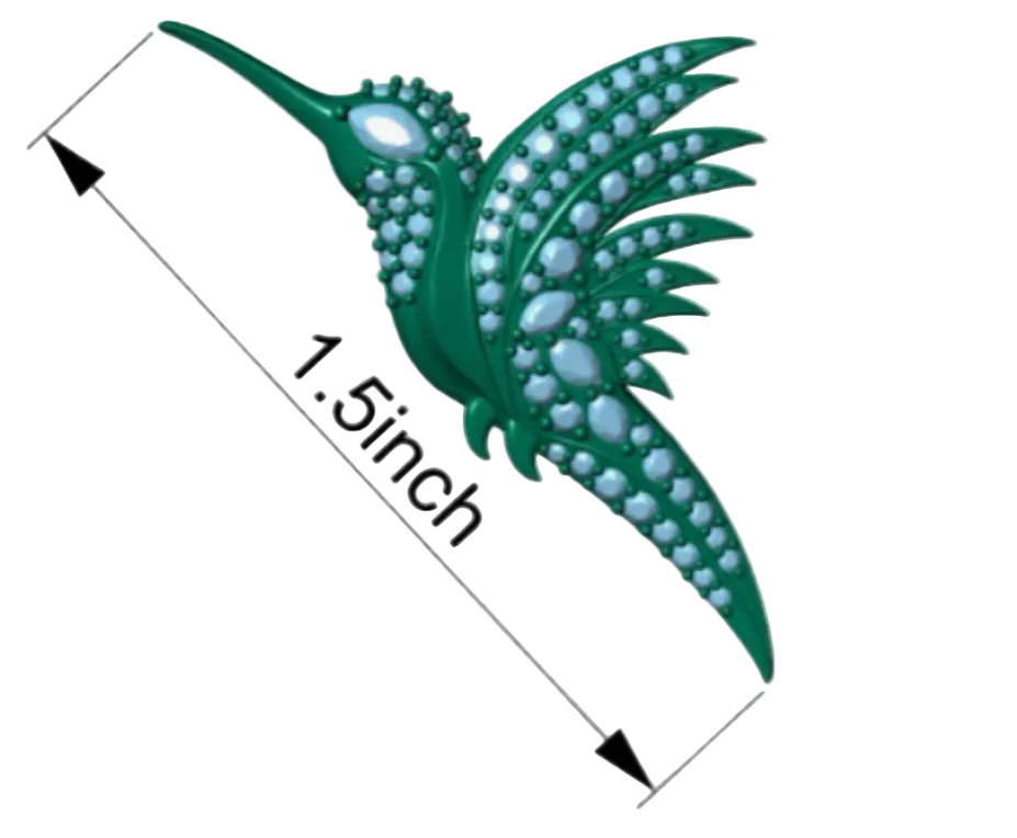Decorative green hummingbird with gemstones and measurements on a white background
