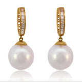 18K Yellow Gold 11mm Cultured Freshwater Pearl Dangle Earrings with Diamond Accents – Elegant Drop Earrings