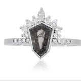 Shield-Shaped Salt & Pepper Diamond Ring 14KT White Gold | Accent Diamonds | Unique Engagement Ring