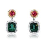 18K White Gold Green and Pink Tourmaline Diamond Halo Drop Earrings | Green Tourmaline & Pink Tourmaline