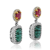18K White Gold Green and Pink Tourmaline Diamond Halo Drop Earrings | Green Tourmaline & Pink Tourmaline