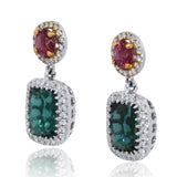 18K White Gold Green and Pink Tourmaline Diamond Halo Drop Earrings | Green Tourmaline & Pink Tourmaline