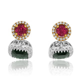 18K White Gold Green and Pink Tourmaline Diamond Halo Drop Earrings | Green Tourmaline & Pink Tourmaline