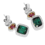 18K White Gold Green and Pink Tourmaline Diamond Halo Drop Earrings | Green Tourmaline & Pink Tourmaline