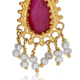 Estate 20K Yellow Gold Red Stone Drop Earrings with Turquoise and Water Pearls – Handmade Vintage Jewelry