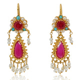 Estate 20K Yellow Gold Red Stone Drop Earrings with Turquoise and Water Pearls – Handmade Vintage Jewelry