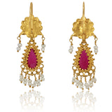 Estate 20K Yellow Gold Red Stone Drop Earrings with Turquoise and Water Pearls – Handmade Vintage Jewelry