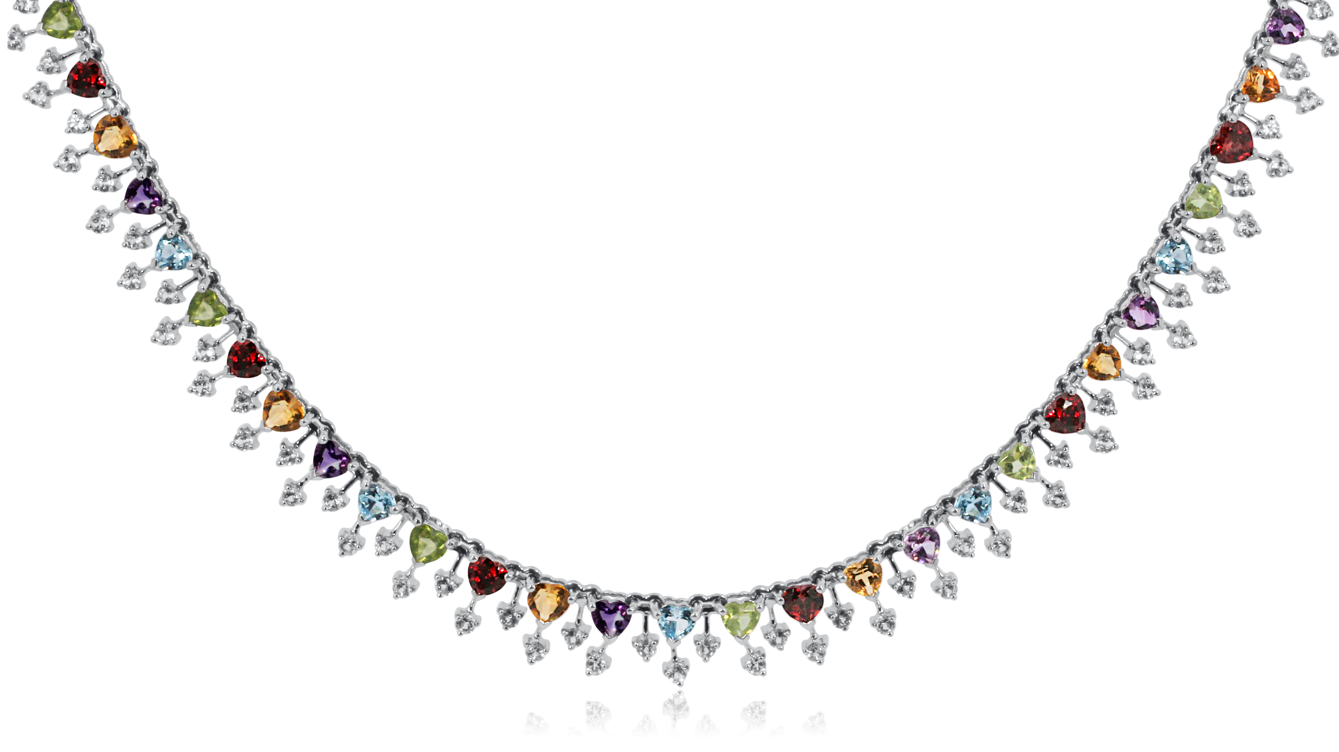 Necklace with multicolored gemstones on a white background