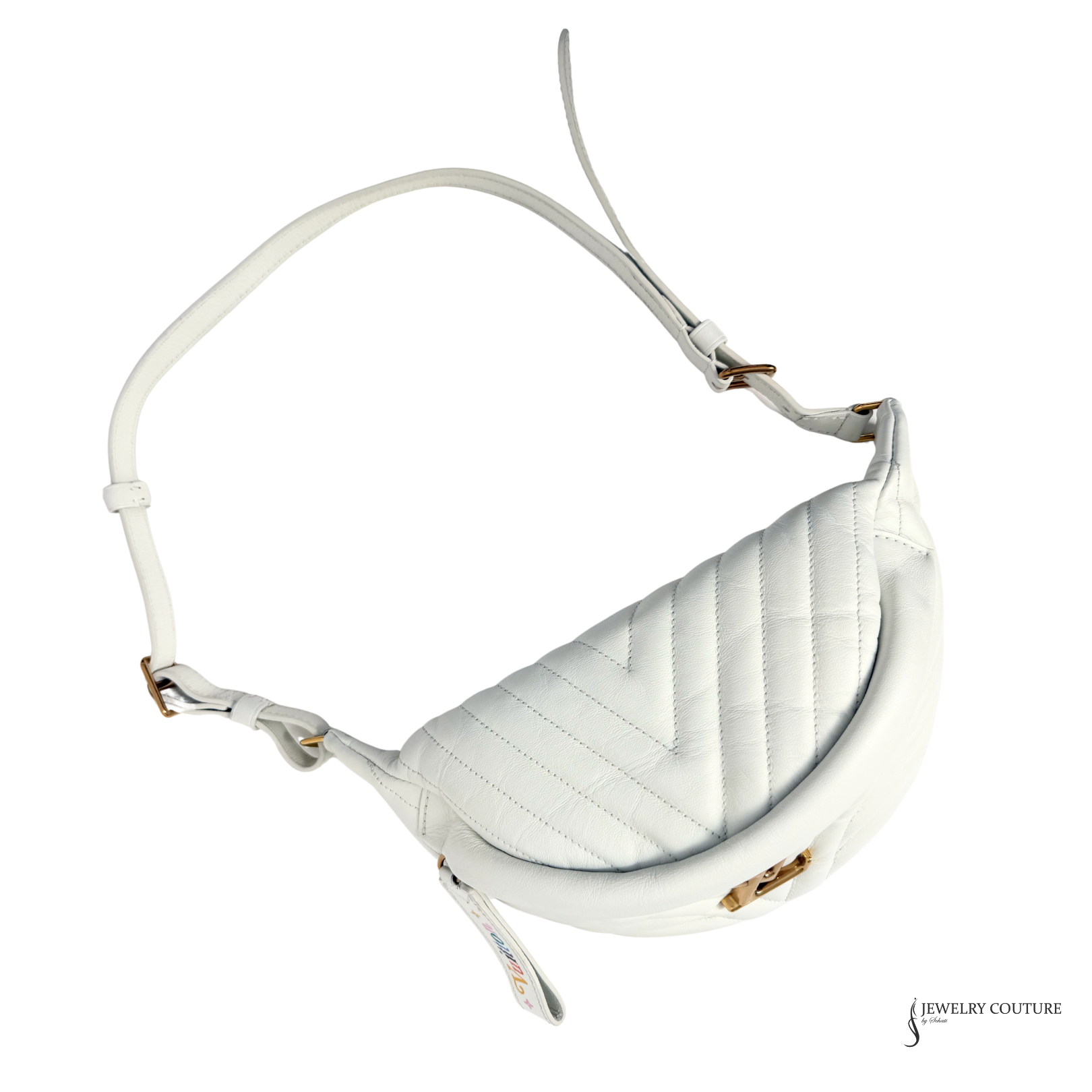 White handbag with a chevron pattern on a white background