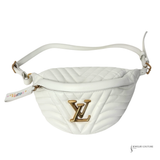 White quilted bag with gold logo on a white background