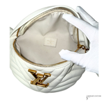 White handbag with gold chain and logo, held by a gloved hand on a white background.