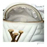 White quilted handbag with gold accents and visible brand logo on a white background