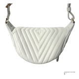 White quilted handbag with a visible brand logo on a white background