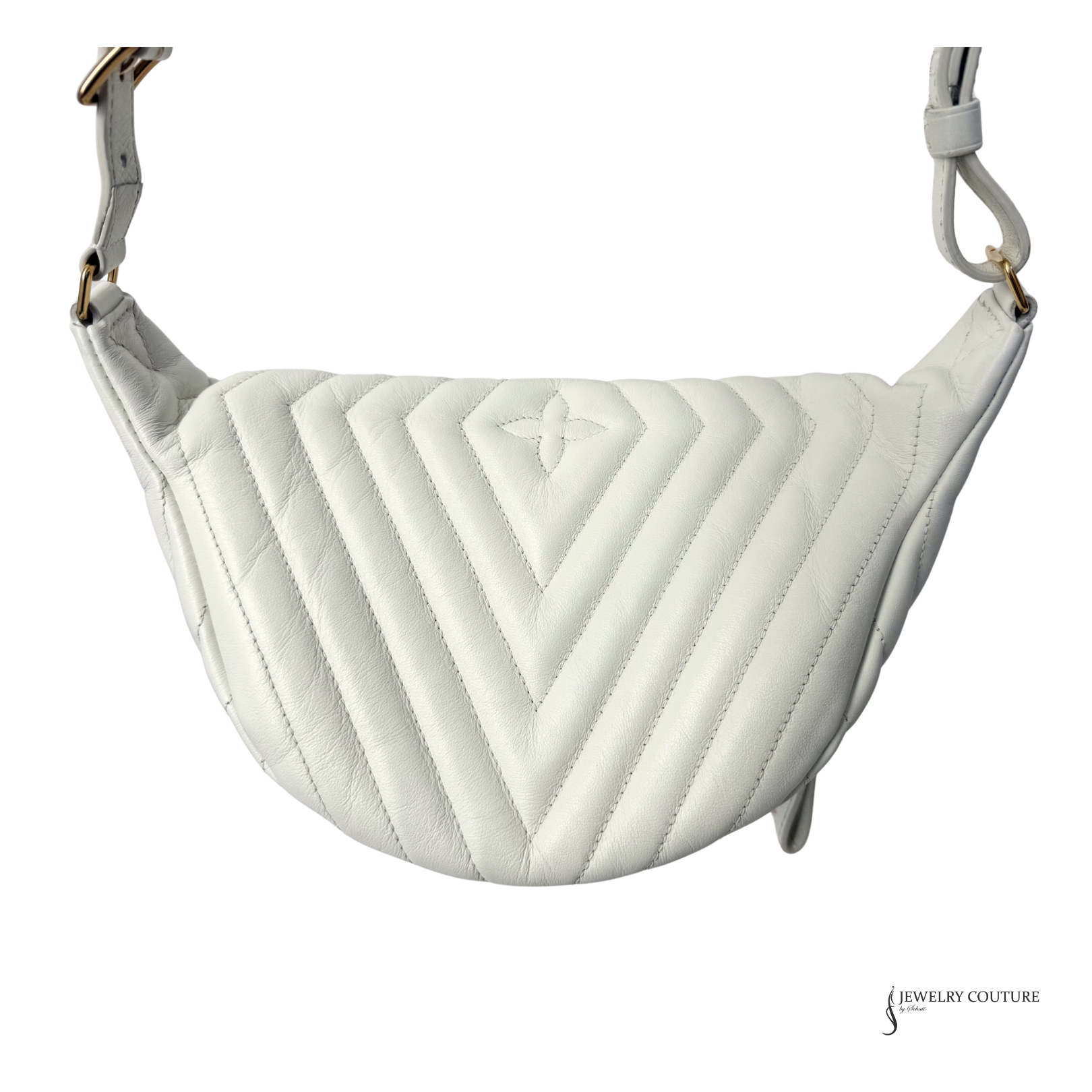 White quilted handbag with a visible brand logo on a white background