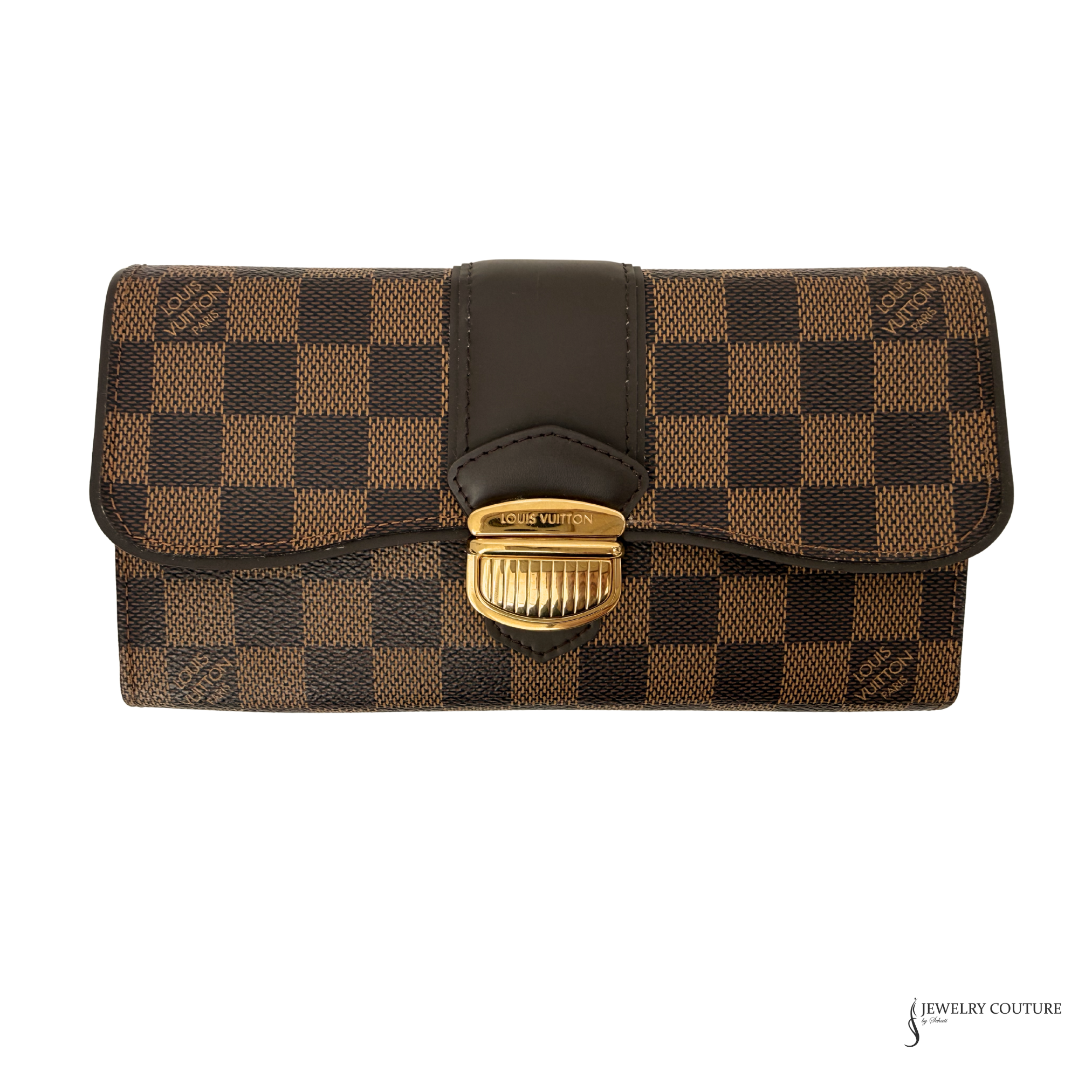 Designer wallet with checkered pattern and gold clasp on a white background