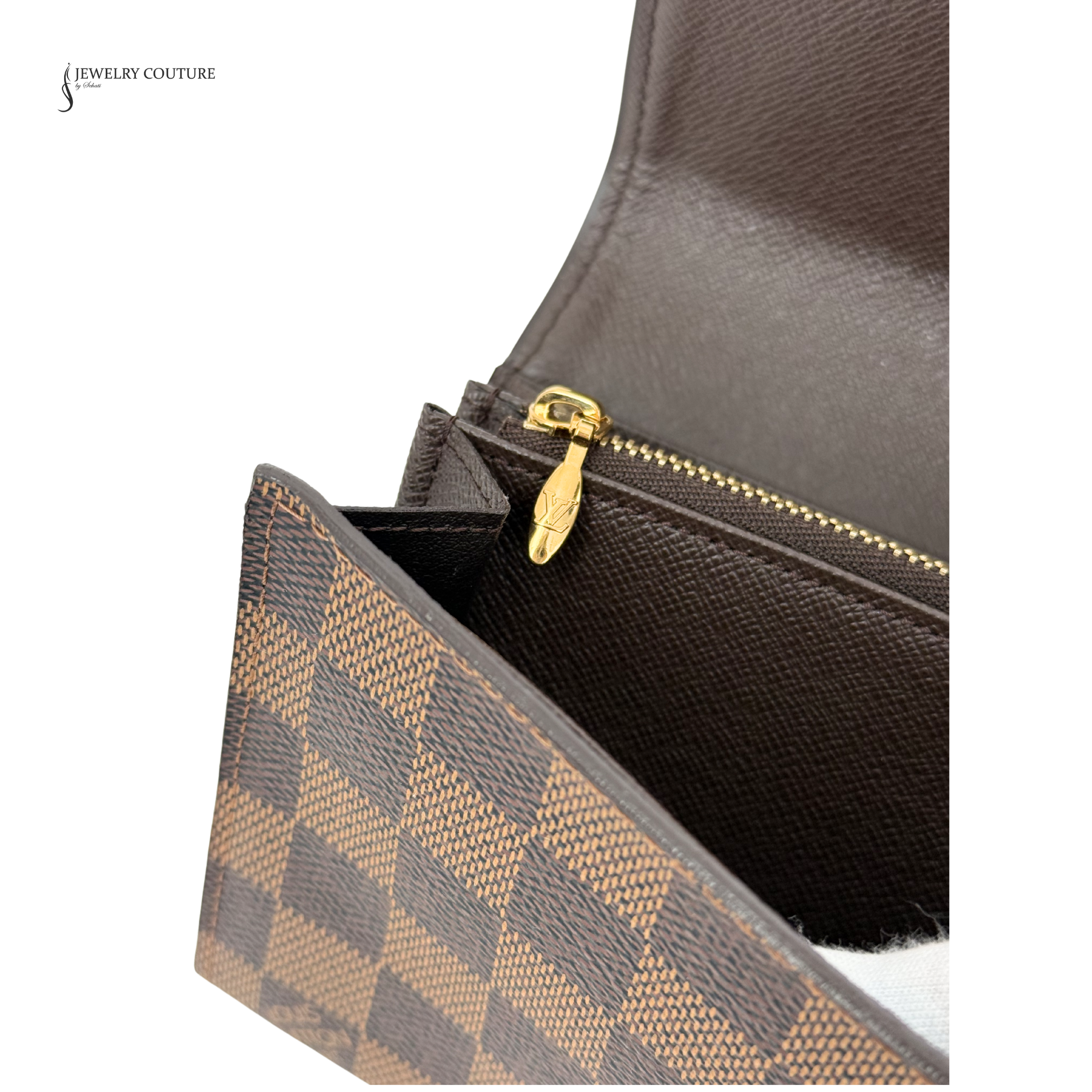 Brown checkered pouch with gold zipper on a white background