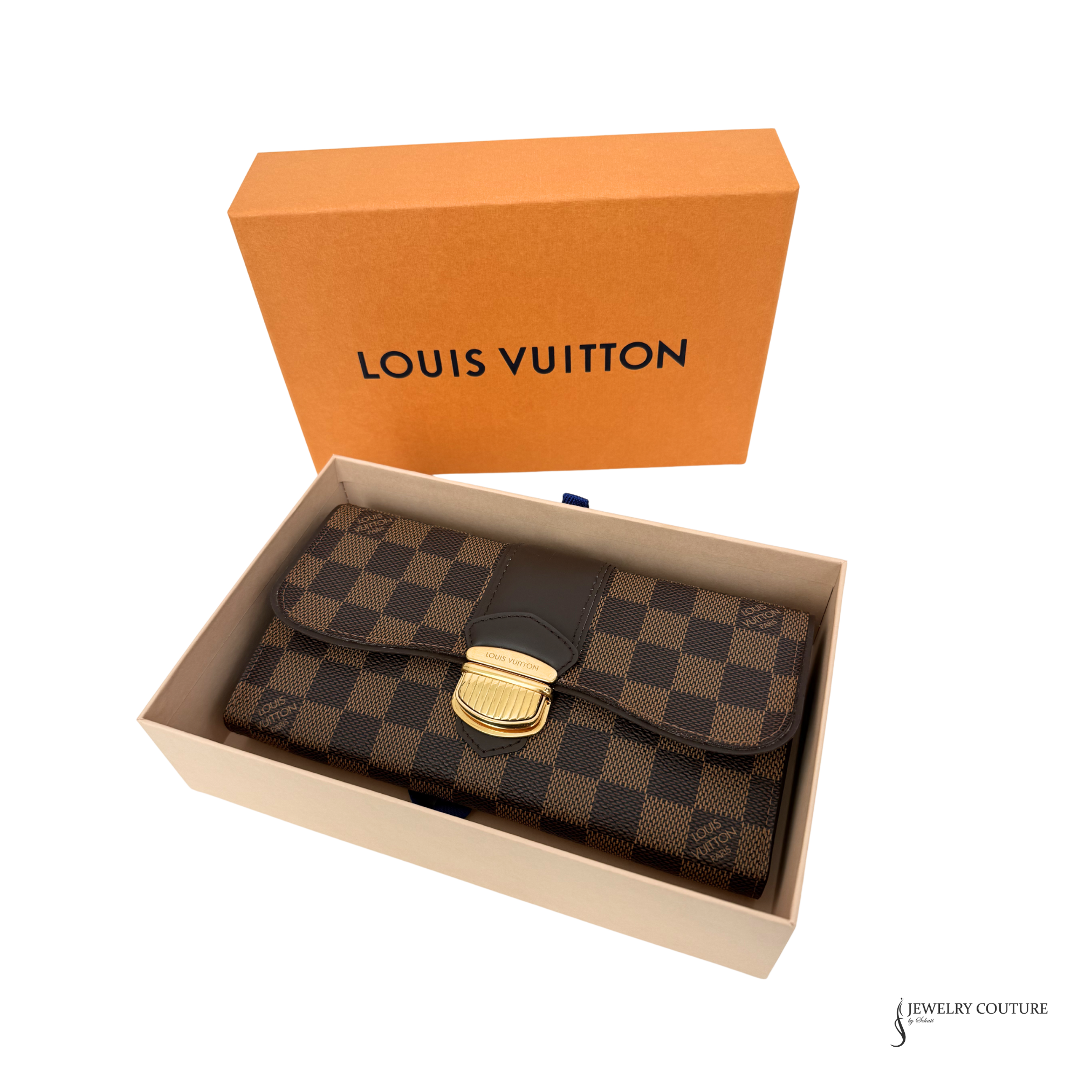 Louis Vuitton wallet in a box with an orange lid featuring the brand name.