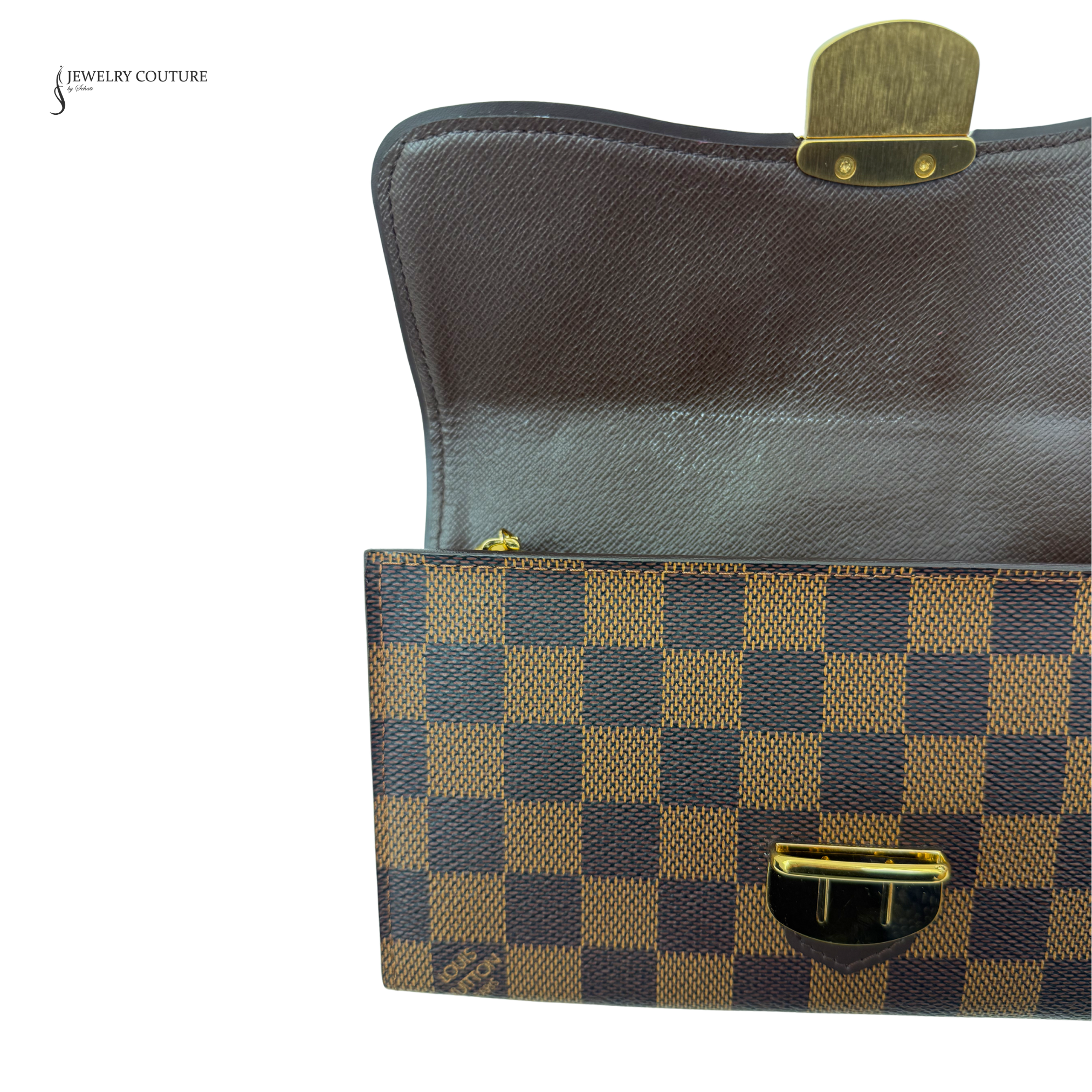 Two pouches, one with a gold clasp and checkered pattern, on a white background.