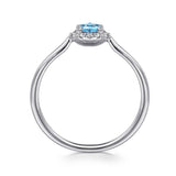 14K White Gold Blue Topaz and Diamond Halo Promise Ring