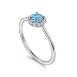 14K White Gold Blue Topaz and Diamond Halo Promise Ring