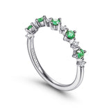 14K White Gold Alternating Round Diamond and Emerald Ring In-Store