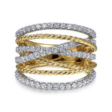 14K White-Yellow Gold Twisted Rope and Diamond Multi Row Ring