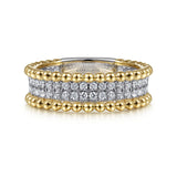 14K White-Yellow Gold Three Row Diamond and Bujukan Bead Ring