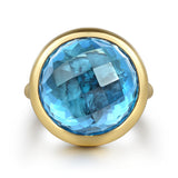 14K Yellow Gold Blue Topaz Round Shape Ladies Ring With Flower Pattern J-Back In-Store