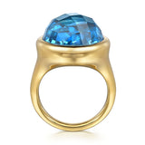 14K Yellow Gold Blue Topaz Round Shape Ladies Ring With Flower Pattern J-Back In-Store