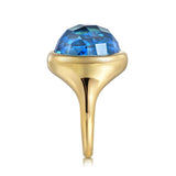 14K Yellow Gold Blue Topaz Round Shape Ladies Ring With Flower Pattern J-Back In-Store