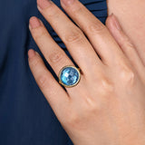 14K Yellow Gold Blue Topaz Round Shape Ladies Ring With Flower Pattern J-Back In-Store