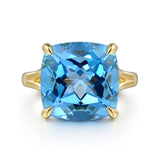 14K Yellow Gold Cushion Cut Blue Topaz Ladies Ring In-Store