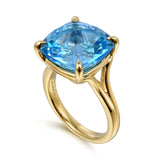 14K Yellow Gold Cushion Cut Blue Topaz Ladies Ring In-Store