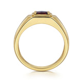 14K Yellow Gold Garnet Mens Ring in Sand Blast Finish