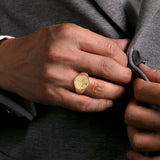 14K Yellow Gold Signet Mens Ring in Sand Blast Finish
