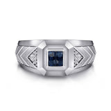 Wide 925 Sterling Silver Chevron Mens Ring with Sapphire in High Polished Finish