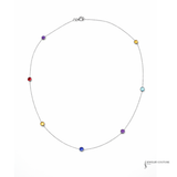 14K White Gold Multi Gemstone Station Necklace – 17” Bezel Set Rainbow Gemstone Necklace | Dainty Layering Fine Jewelry Amethyst, Blue Topaz, Imperial Topaz & Garnet